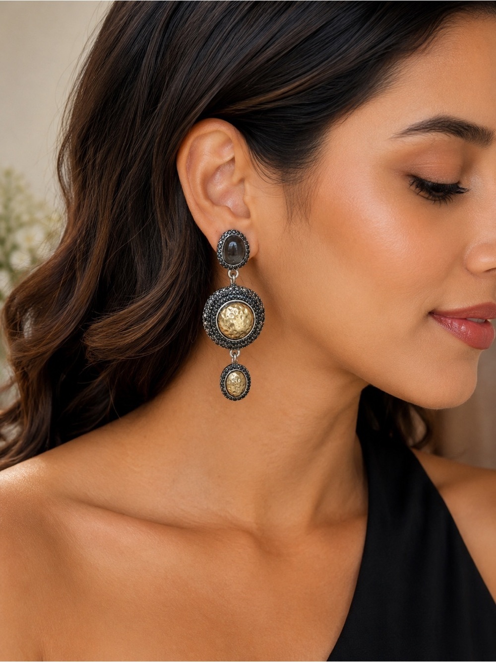 Black Crystal & Hammered Gold Statement Drop Earrings Vintage Glam